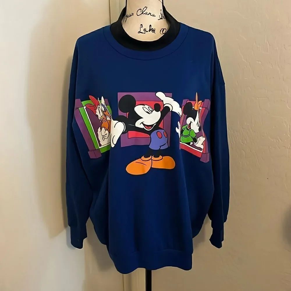 Vintage Disney Mickey Minnie Mouse Daisy Duck Blue Graphic Pullover Sweatshirt
